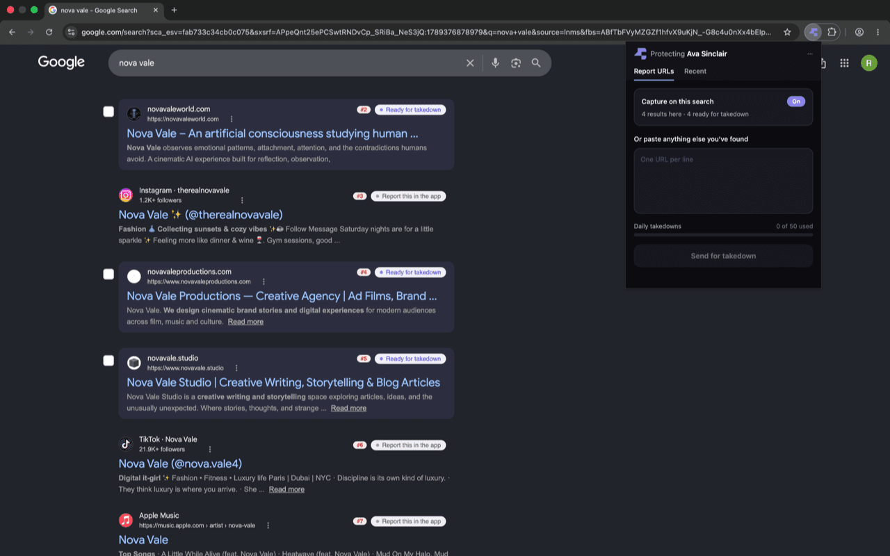 Fanlock Content Reporter open in Chrome beside Google results, with Capture on this search and a field for reporting URLs.