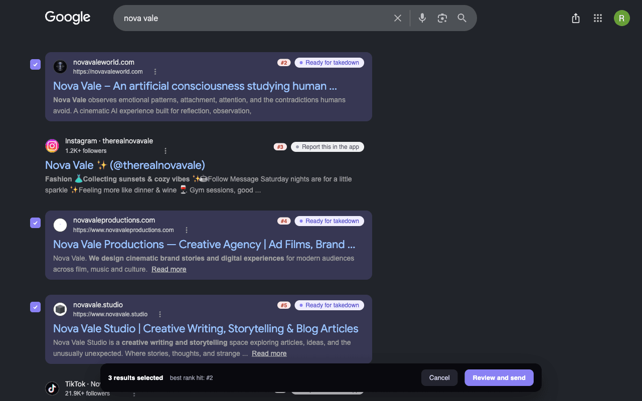 Three Google Search results selected with purple Fanlock checkboxes and a Review and send button at the bottom.