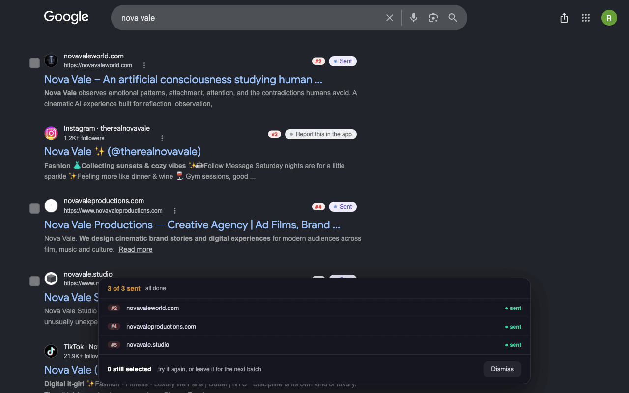 Fanlock confirmation showing 3 of 3 sent and a sent status beside each submitted URL.