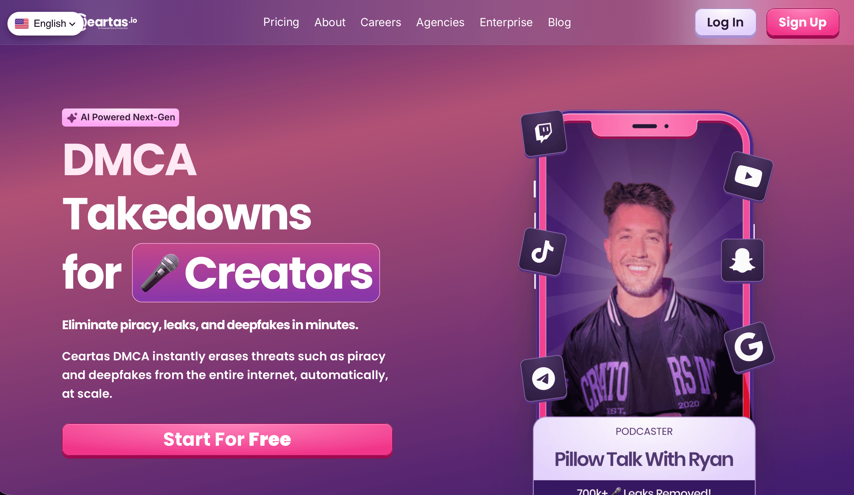 Ceartas homepage hero. Pill at top reads "AI Powered Next-Gen." Headline: "DMCA Takedowns for Creators." Subheading: "Eliminate piracy, leaks, and deepfakes in minutes." Body: Ceartas DMCA instantly erases threats such as piracy and deepfakes from the entire internet, automatically, at scale. Primary CTA: "Start For Free." Right-side hero illustration shows a phone with a podcaster on screen surrounded by Twitch, YouTube, TikTok, Snapchat, Telegram, and Google logos, captioned "Pillow Talk With Ryan, 700k+ Leaks Removed."